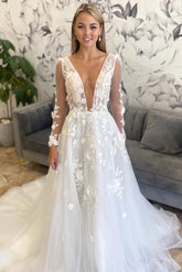 A-Line White Floral Plunging Neck Backless Wedding Dress